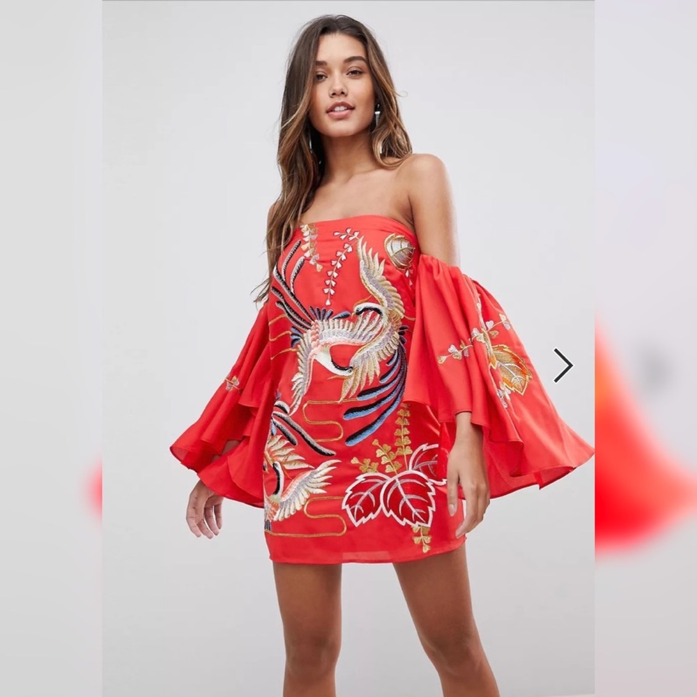 Bardot Mini Dress with Embroidery